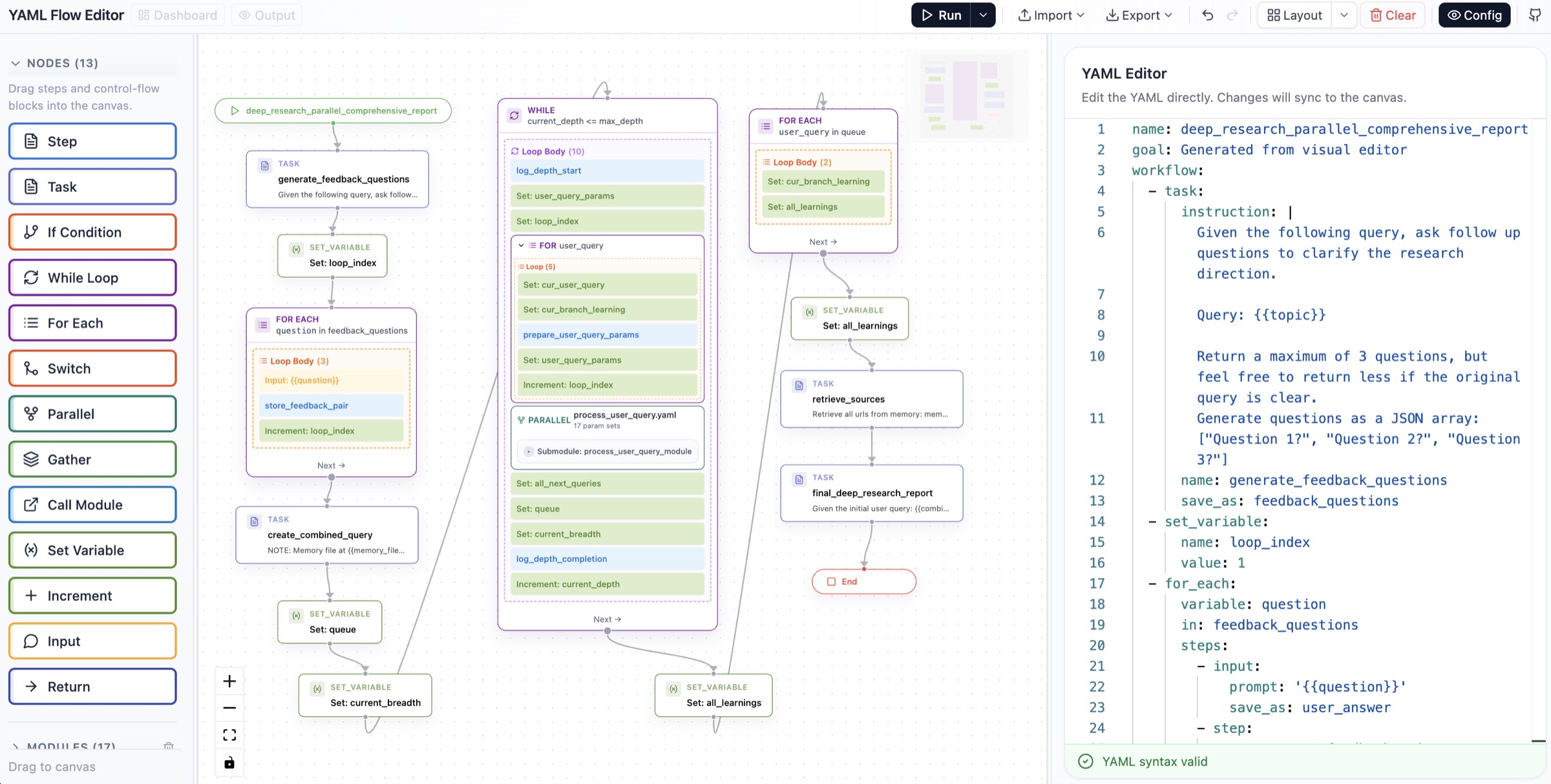 图2：AgentSPEX 的可视化编辑器界面。左侧是节点面板（Step、Task、If、While、For Each 等控制流模块）；中间是工作流图，展示一个 deep_research 的并行综合报告流程；右侧是 YAML 编辑器，跟图视图实时双向同步